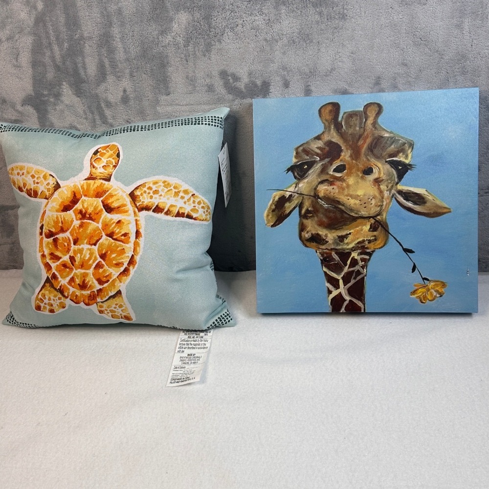 Childs Animal Room Decor Turtle Pillow and Giraffe Canvas Fun Cute Whimsical